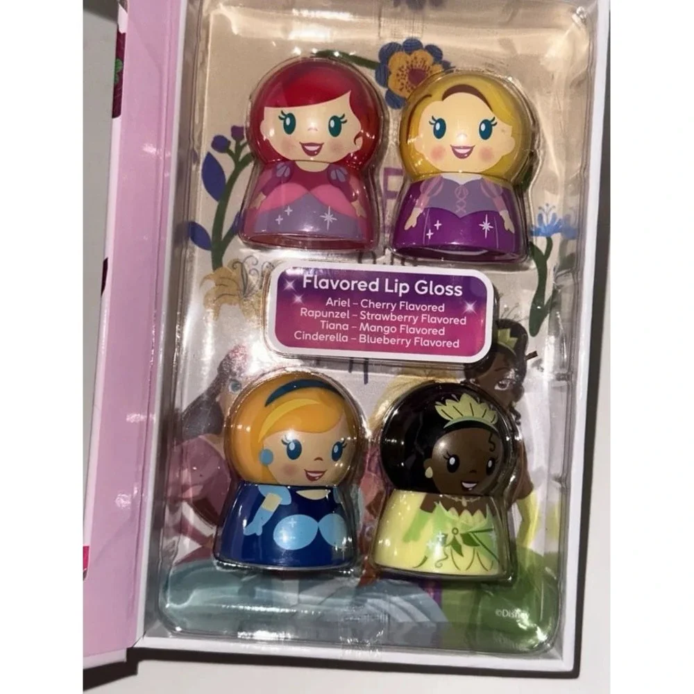 Disney Princess Flavored Lip Gloss Set 4 Pack Ariel Rapunzel Cinderella Tiana